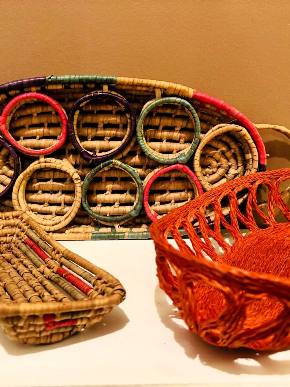 Vintage Mid-century Rattan Beverage Tray, Snack Basket and Bread Basket